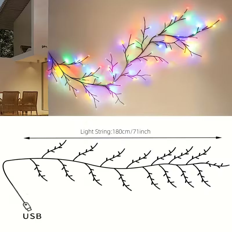 1 set, colorful courtyard desktop decoration willow vine LED light string, 8 lighting modes flashing, USB power supply, RGB wall-mounted Christmas branch light, with button switch, curtains, bedroom, balcony, fence, corridor, porch decoration, 71inch