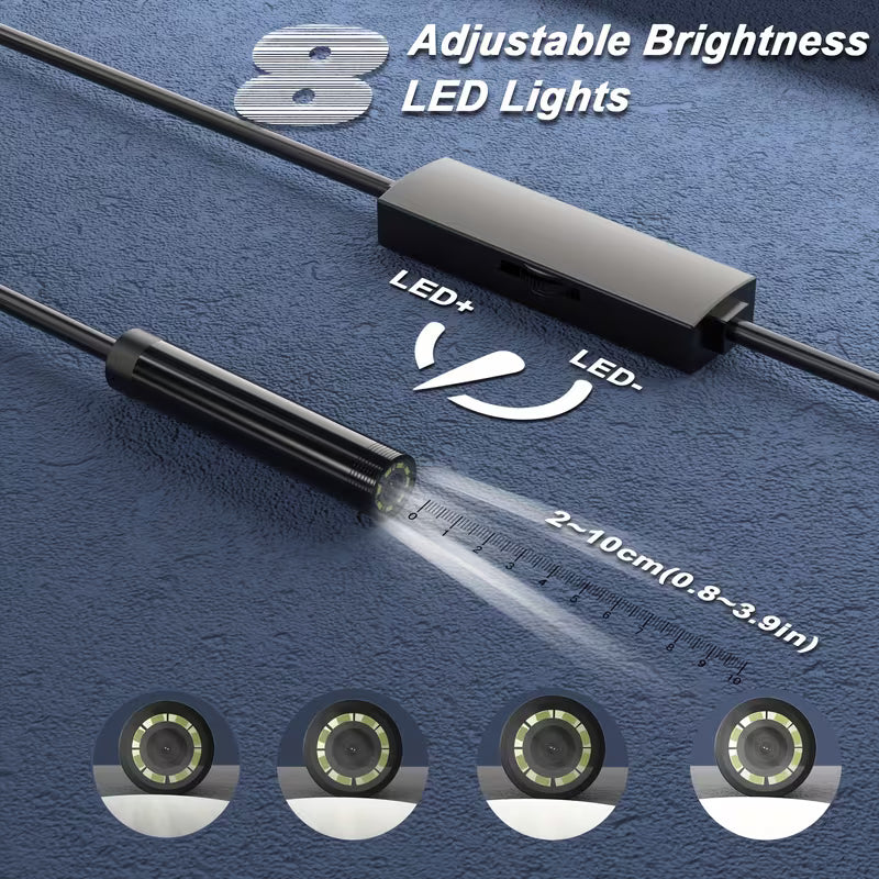 Endoscope Camera with Light, 1920P HD Endoscope, Featuring 8 Adjustable LED Lights, IP67 Waterproof Semi-Rigid Snake Inspection Camera, Compatible with for iphone And Android Phones.