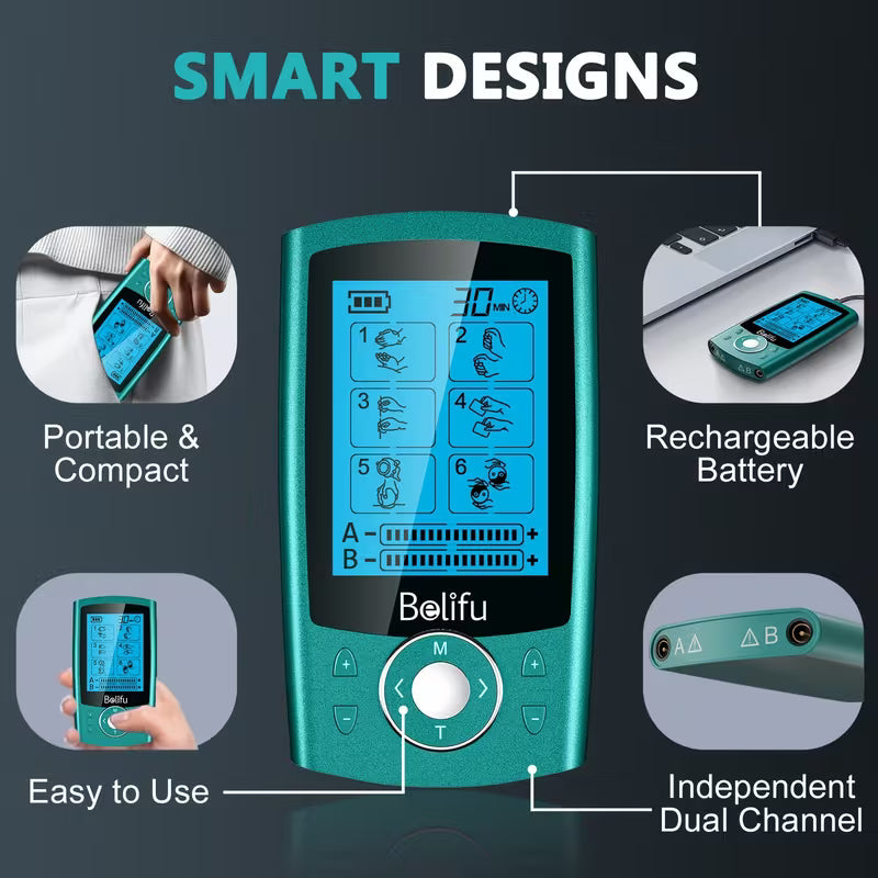 Belifu TENS+ EMS 24-In-1 Muscle Stimulator Relieves Body Fatigue, Back Pain, Neck Pain, Carpal Tunnel Pain, Arthritis, And Foot Pain Rechargeable Portable Stimulator for Home Office Travel Perfect Gift for Your Family And Loved Ones!