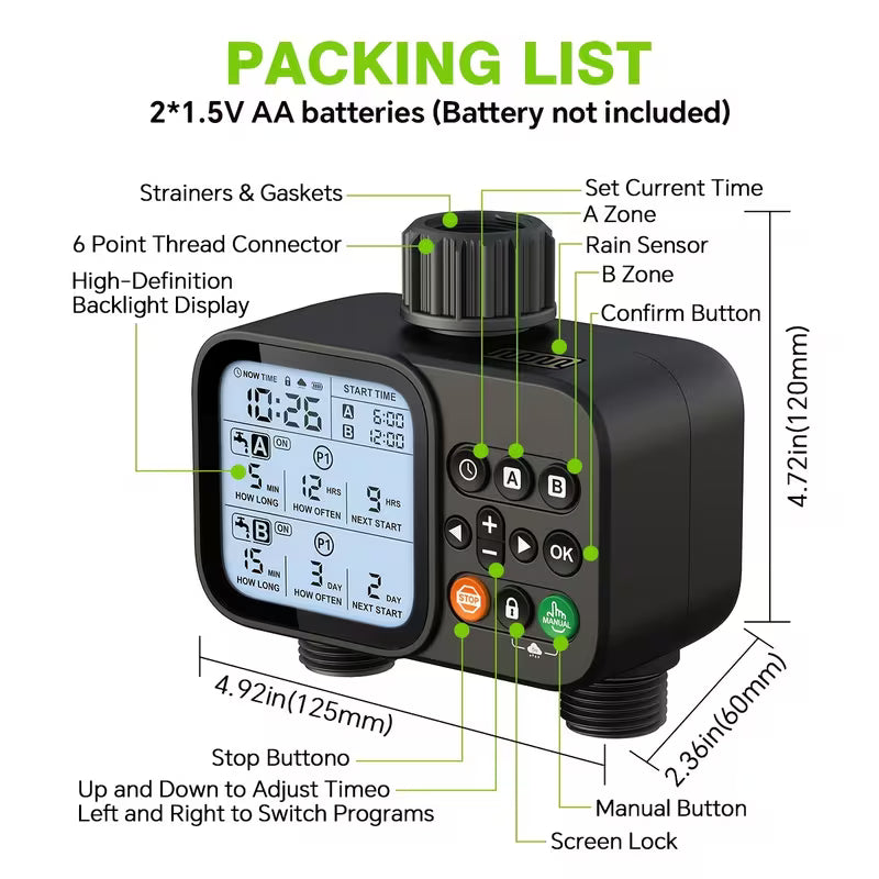 Smart Water Timer for Garden Hose - 2 Zone Sprinkler Timer with Rain Delay/Manual Watering/Automatic Irrigation for Yard Lawn