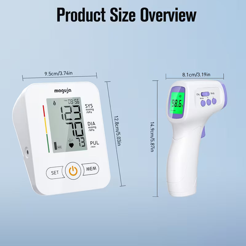 MAGUJA 2 in 1 Device for Measuring Blood Pressure And Forehead Temperature, Featuring an Automatic Upper Arm Blood Pressure Monitor with a Memory Capacity of 2*60 Readings, an Adjustable Cuff Size Ranging from 8.66 to 16.54 Inches