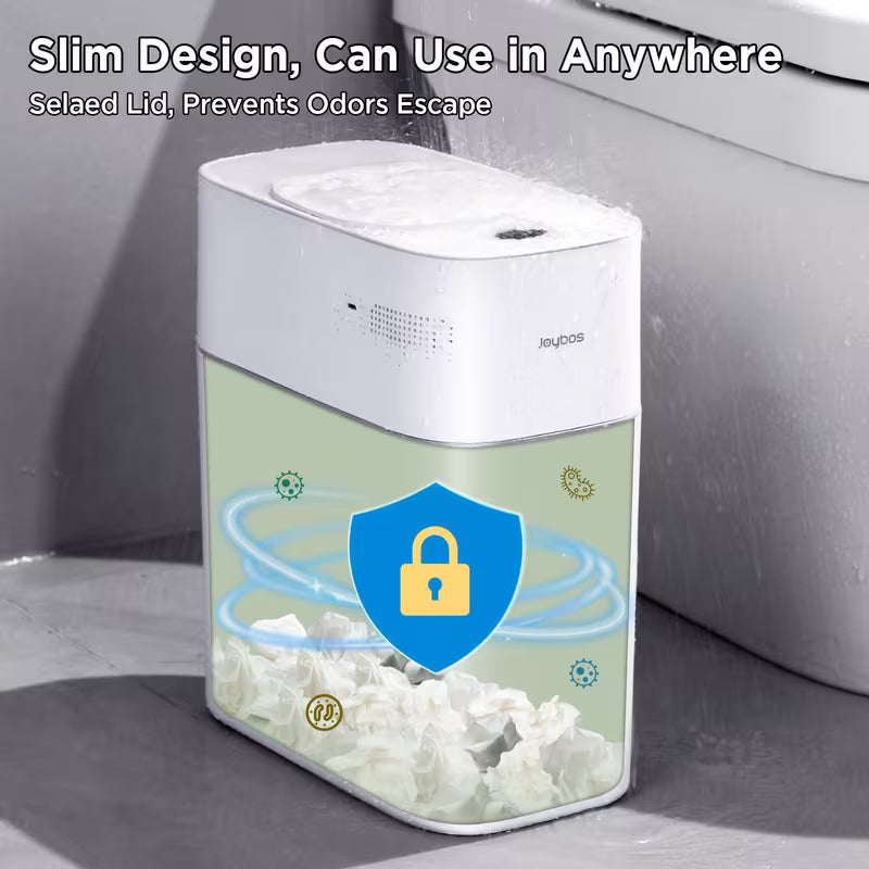Automatic Smart Trash Can For Bathroom, 3.8Gal/14L Touchless Motion Sensor Garbage Bin, Upgraded 2 Gen Fan Auto Expand Garbage Bags, Slim Design For Narrow Space, With Small Lid Smart Waste Bin Perfect For Kitchen, Office, Bedroom, Toilet, RV