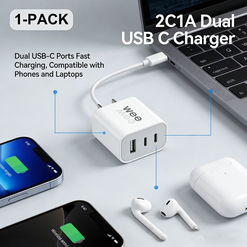 [Multi-Device Charger] 2C1A 3-Port Charger Multi-Device 5V2A Charging, Compact & Portable Design, US Standard Plug, Safe & Stable Charging Protection, Faster And Smarter Charging & Smart Power Distribution for Home & Office