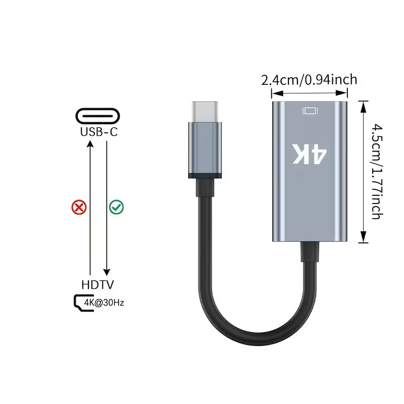 USB-C to HDTV Adapter, 4K@30 High-Definition Adapter Cable, Suitable for Full-Featured Type-C Interfaces with DP Video Output Mode, Not Compatible with Charging-Solely Interfaces, Plug-And-Play Video Converter