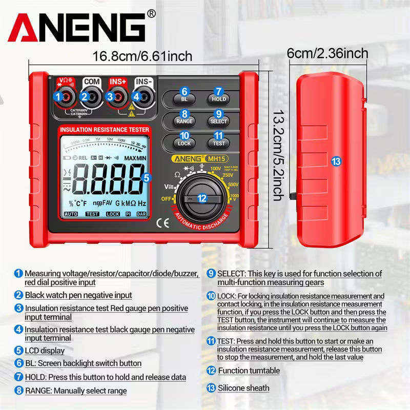 ANENG MH15 Digital Ohm meter Insulation Resistance Meter 6000 Counter Resistance tester Capacitance Tester Megohm meter High voltage tool no battery
