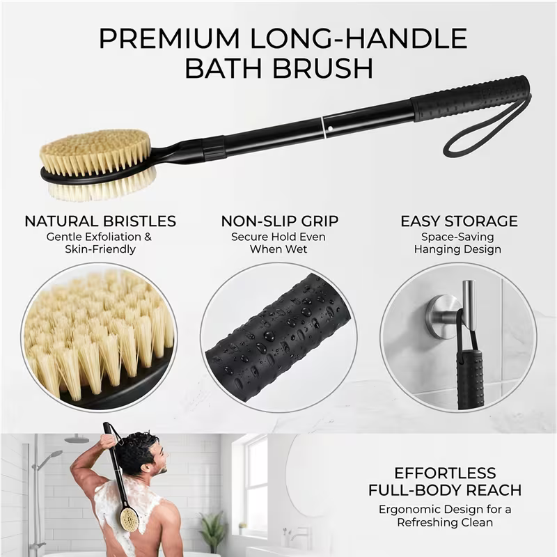 Back Scrubber with Soft and Stiff Bristles, 17''-25'' Long Handle Dual-Sided Shower Brush for Body for Deep Cleaning, Premium Dual-Sided Dry Brushing Body Brush, Natural Bristle Exfoliator with Long Handle, Spa-Quality Bath Brush for Men & Women