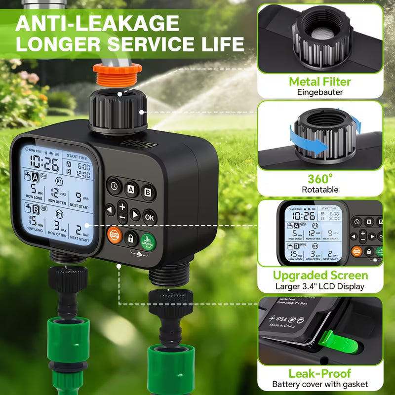 Smart Water Timer for Garden Hose - 2 Zone Sprinkler Timer with Rain Delay/Manual Watering/Automatic Irrigation for Yard Lawn
