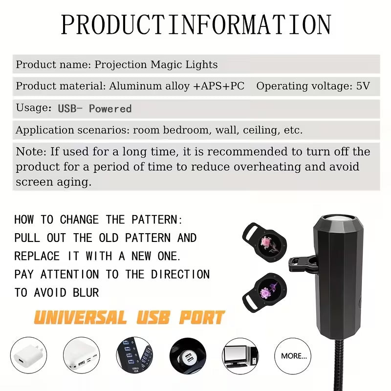 Dreamy Floral Pattern Projection Light Features Three Interchangeable Patterns: Purple, Red, and Pink. It's a Decorative Ceiling Light, a Portable USB Gadget That Rotates 360°, and a Creative Holiday Gift Perfect for Creating a Romantic Atmosphere.