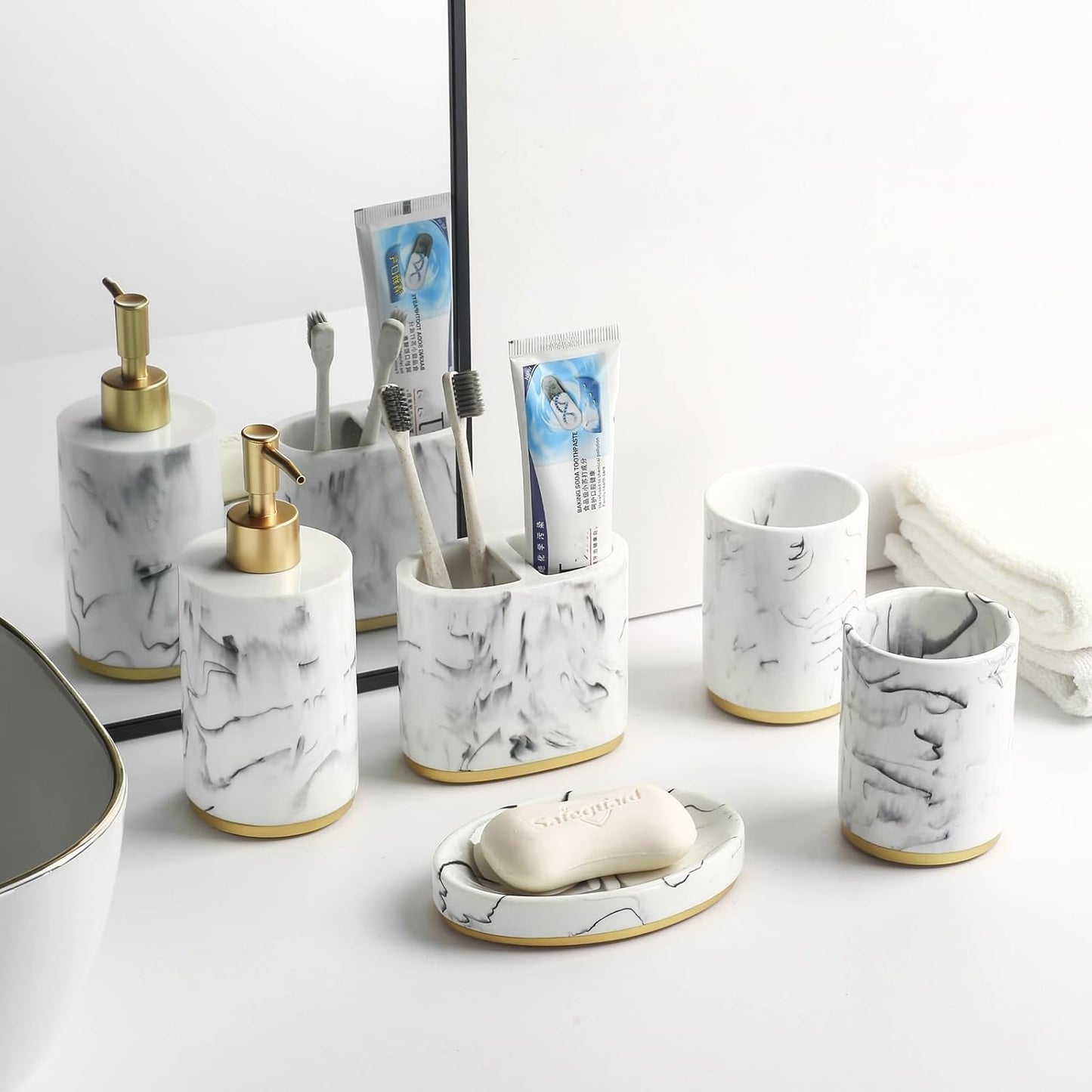 5 Piece Bathroom Accessories Set, Marble Resin Bathroom Set with Soap Dispenser, Toothbrush Holder, Soap Dish and Tumblers, Modern Bathroom Countertop Decor, White with Gold Accents