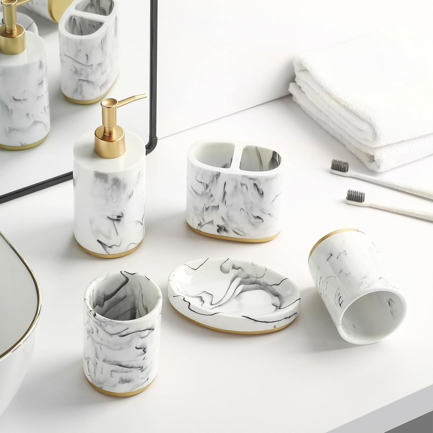 5 Piece Bathroom Accessories Set, Marble Resin Bathroom Set with Soap Dispenser, Toothbrush Holder, Soap Dish and Tumblers, Modern Bathroom Countertop Decor, White with Gold Accents