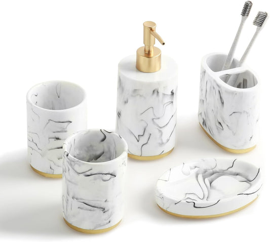 5 Piece Bathroom Accessories Set, Marble Resin Bathroom Set with Soap Dispenser, Toothbrush Holder, Soap Dish and Tumblers, Modern Bathroom Countertop Decor, White with Gold Accents
