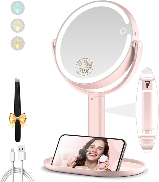 MOMOKUBA Makeup Mirror with Lights, Double Sided 1x/30x Magnifying Mirror with Light, Rechargeable 3 Color Lights and Adjustable Brightness, 360° Rotation Detachable Comes with Tweezer(Pink-30X)
