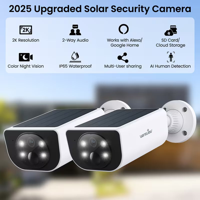 Wansview Solar Security Camera Outdoor, Wireless Security Camera, 2K HD Resolution, Color Night Vision, Two-Way-Audio, Motion Detection, SD Card/Cloud Storage, Compatible with Alexa/Google Home, 1/2/3/4 Solar Cam & 1pc Battery Camera