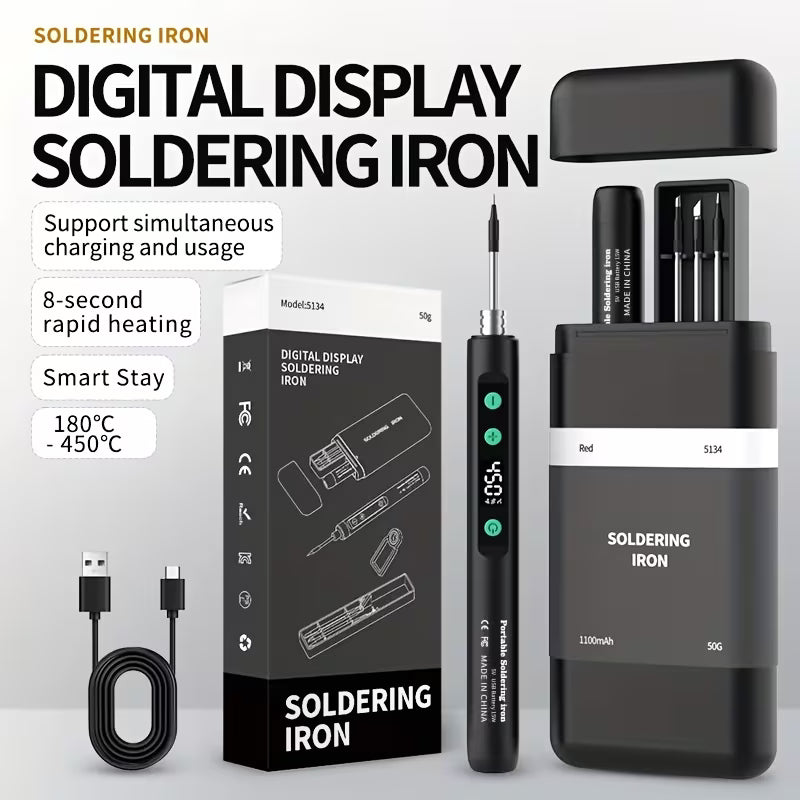 Soldering Set, Temperature Adjustable with LCD Screen, Heats Up in 8 Seconds (180-450°C), Comes with 3 Precision Tips, Ideal for Home Repairs And