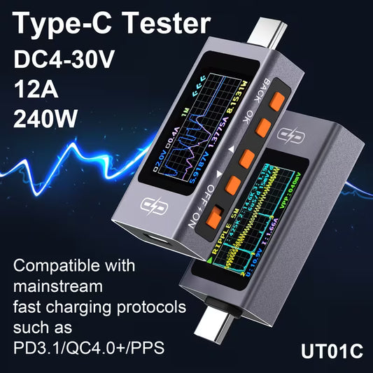 UT01C USB tester, voltmeter, ammeter, power meter, DC 4-30V 12A 240W, Fully compatible with fast charging protocol trigger table, PD3.1/QC4.0/PPS, color screen display, portable Type-C ammeter, real-time curve measurement current and voltage monitor