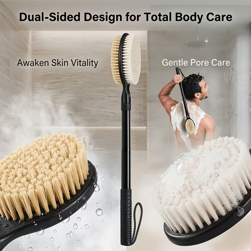 Back Scrubber with Soft and Stiff Bristles, 17''-25'' Long Handle Dual-Sided Shower Brush for Body for Deep Cleaning, Premium Dual-Sided Dry Brushing Body Brush, Natural Bristle Exfoliator with Long Handle, Spa-Quality Bath Brush for Men & Women