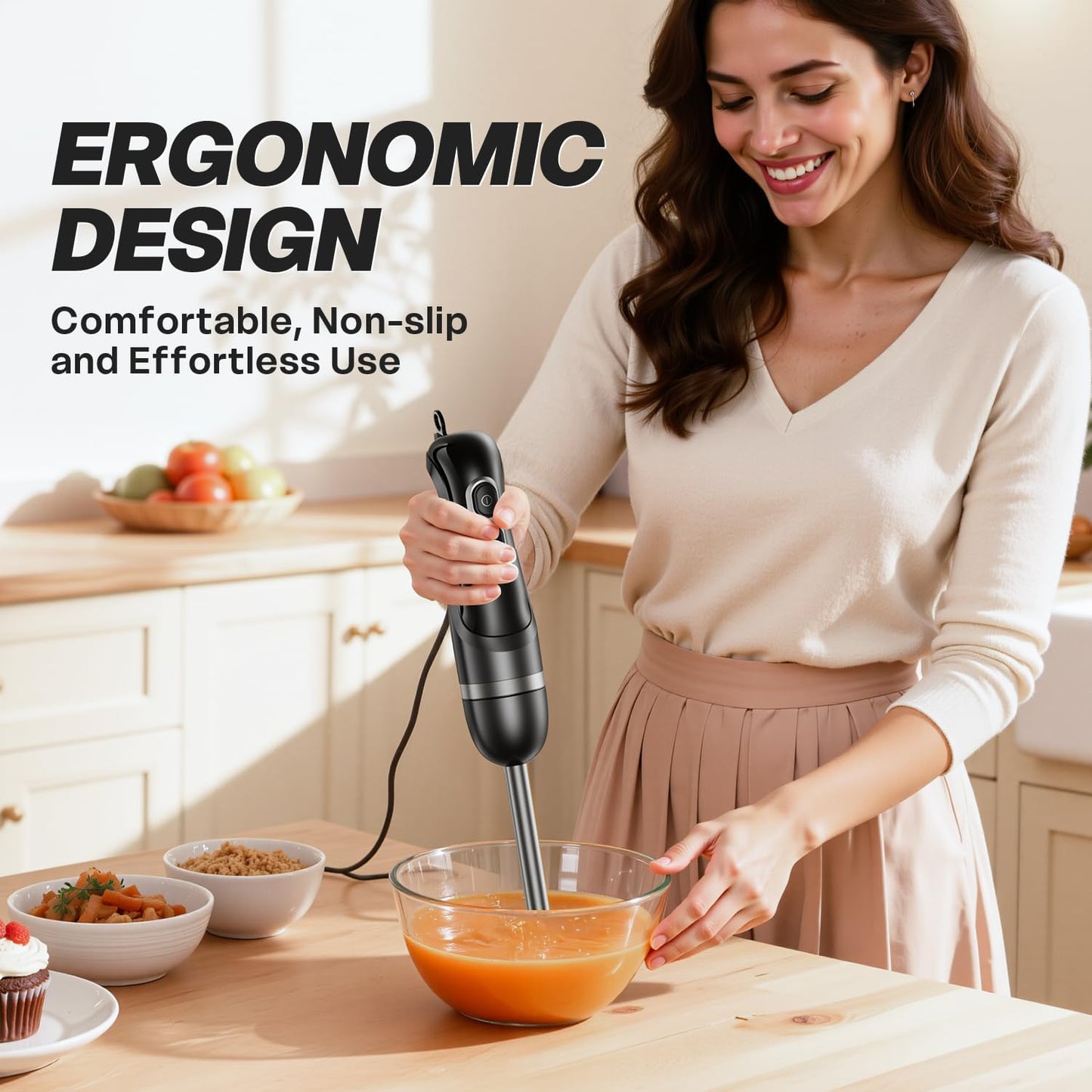 Immersion Blender Handheld, Corded Electric Blenders Portable Stick Mixer with 2 Mixing Speed and Stainless Steel Blades Emulsifier for Effortless Blending Soup, Smoothies, Puree or Baby Food