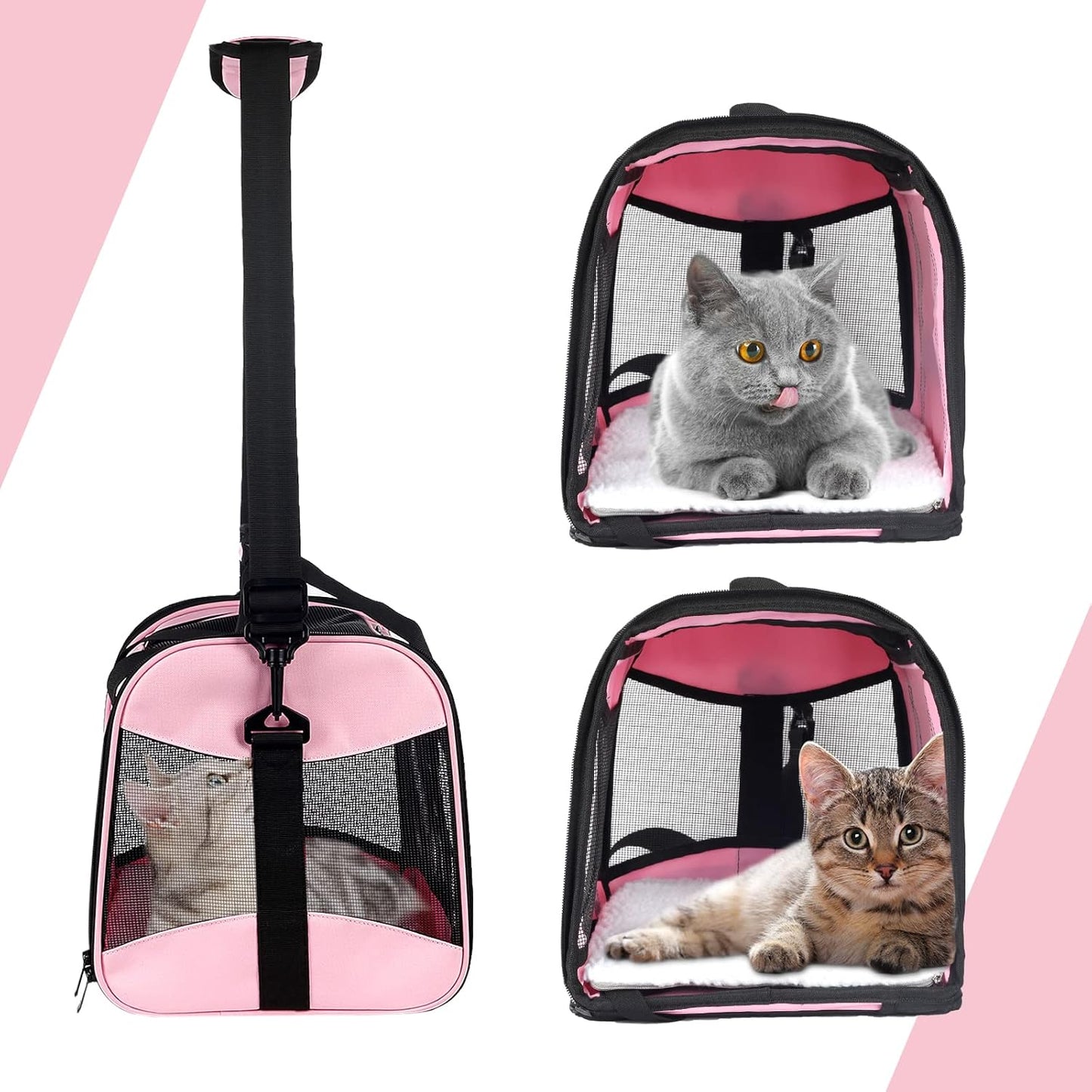 Cat Carrying Case - Pet Carrier Airline Approved, Protable and Breathable Pet Travel Carrier Removable Fleece Pad, Collapsible Cat Carrier Dog Carrier for Medium Cats Small Cats Dogs (Small, Pink