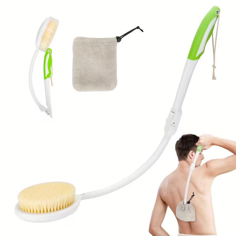 Elderly Back-Scrubbing Bath Brush for Spinal Relief, Hands-Free, No Lifting Required, Convenient for the Waist, Soft Bristles with Curved Handle and Towel, Elderly Back-Scrubbing Bath Brush for Spinal Relief, Hands-Free, No Lifting Required