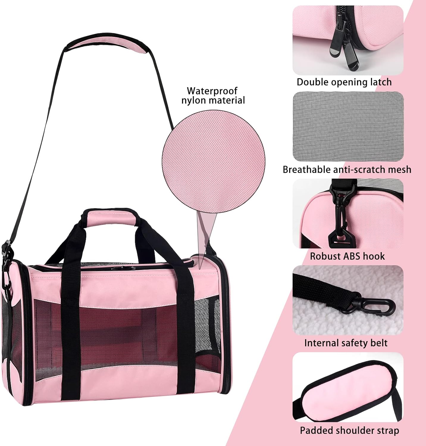 Cat Carrying Case - Pet Carrier Airline Approved, Protable and Breathable Pet Travel Carrier Removable Fleece Pad, Collapsible Cat Carrier Dog Carrier for Medium Cats Small Cats Dogs (Small, Pink