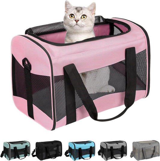 Cat Carrying Case - Pet Carrier Airline Approved, Protable and Breathable Pet Travel Carrier Removable Fleece Pad, Collapsible Cat Carrier Dog Carrier for Medium Cats Small Cats Dogs (Small, Pink