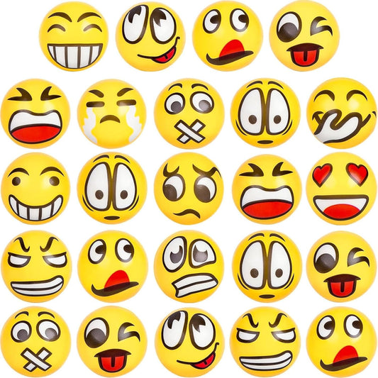 LovesTown 24 PCS Stress Balls Bulk for Party Favors, 2.5 Inch Funny Yellow Face Squeeze Toys Foam Face Squeeze Fidget Ball for Kids and Adult Stress Relief Gifts for Coworkers Classroom Prizes