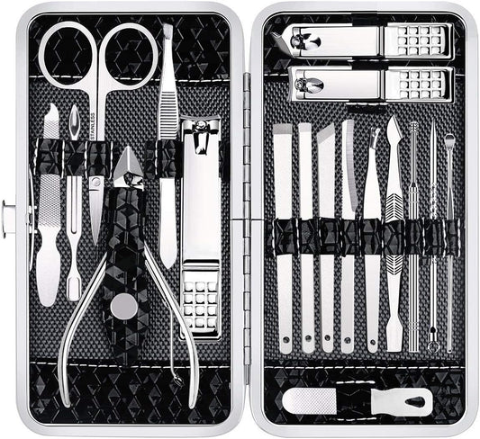 Yougai Nail Clippers Set - 18 Pcs Professional Manicure Pedicure Kit Gifts for Fathers Day Men Women, Stainless Steel Fingernail Toenail Cutters, Nail Care Grooming Tools with Leather Travel Case