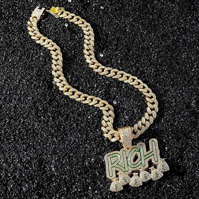 Men’s Hip Hop Rhinestone Letter Rich Dollar Money Bags Pendant Necklace Rock Rapper Jewelry, Gothic Punk Rock Iced Out Gold Lucky Dollar Sign Cuban Link Chain for Men