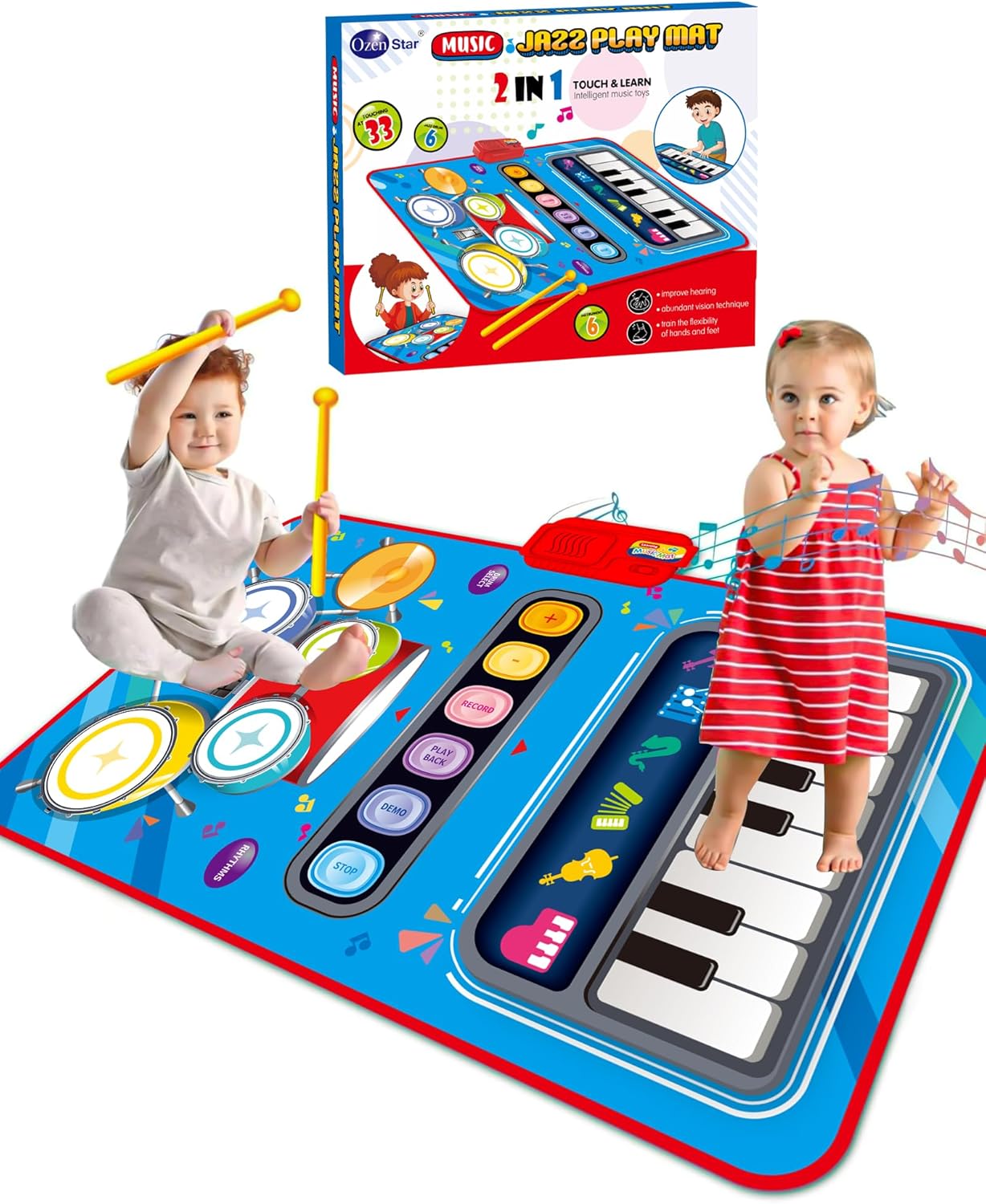 DQMOON Toys for 1 Year Old Boy Gifts, Baby Musical Mat with Piano & Drum, Adjustable Volume, 12-18 Months Toddler Toys, Christmas Birthday Easter Gifts for 1-2 Year Olds Boys Girls (Blue)