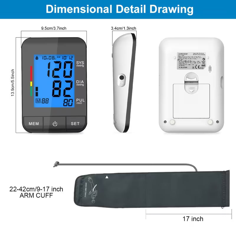 Home Blood Pressure Monitor, 9-17 Oversized Upper Arm Blood Pressure Cuff, LCD Large Display, Fully Automated Digital Sphygmomanometer with USB Cable(without Battery)
