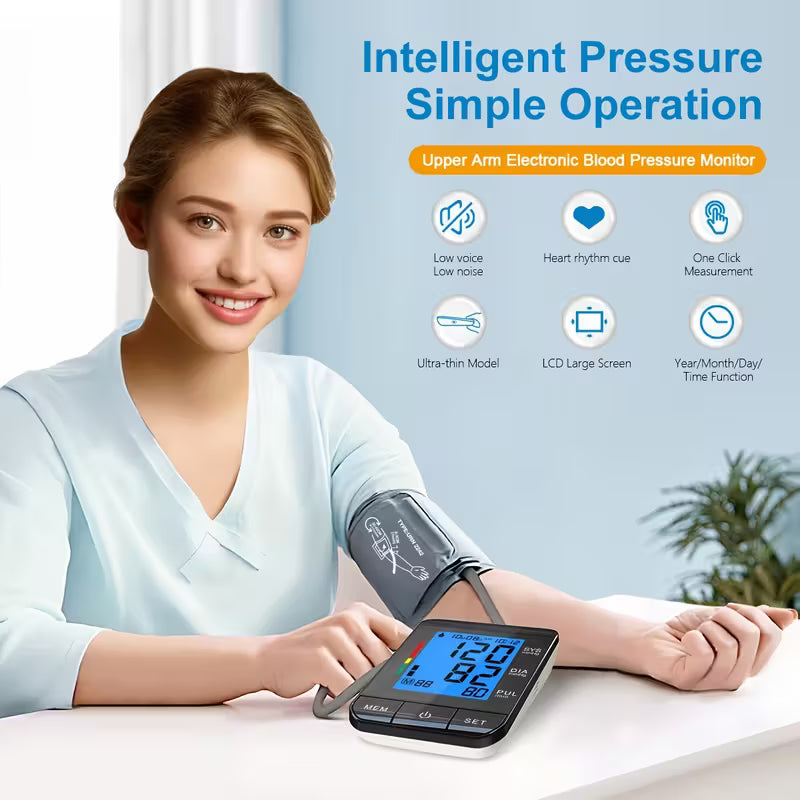 Home Blood Pressure Monitor, 9-17 Oversized Upper Arm Blood Pressure Cuff, LCD Large Display, Fully Automated Digital Sphygmomanometer with USB Cable(without Battery)