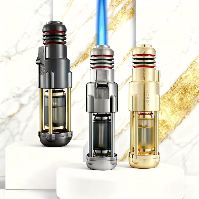 (No Fuel Included) Metal Lighter, Luxurious Upgraded Rocket Design Polished Windproof Refillable Fuel Jet Adjustable Blue Flame Lighter with Visible Tank, Made of Zinc Alloy, Easier to Use for Better Camping Barbecue Experience