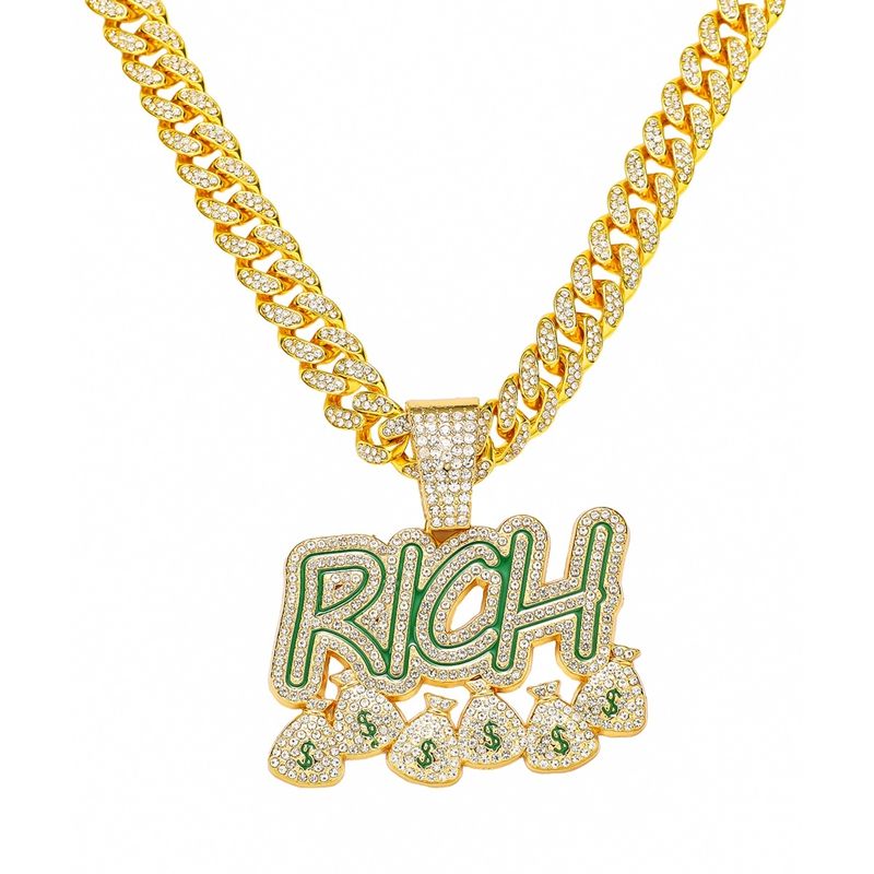 Men’s Hip Hop Rhinestone Letter Rich Dollar Money Bags Pendant Necklace Rock Rapper Jewelry, Gothic Punk Rock Iced Out Gold Lucky Dollar Sign Cuban Link Chain for Men
