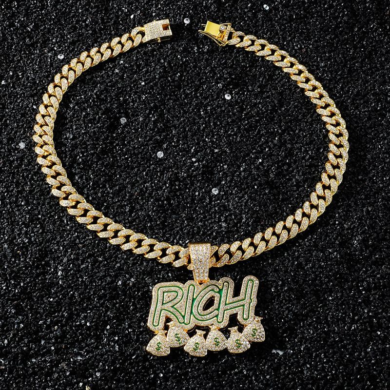Men’s Hip Hop Rhinestone Letter Rich Dollar Money Bags Pendant Necklace Rock Rapper Jewelry, Gothic Punk Rock Iced Out Gold Lucky Dollar Sign Cuban Link Chain for Men